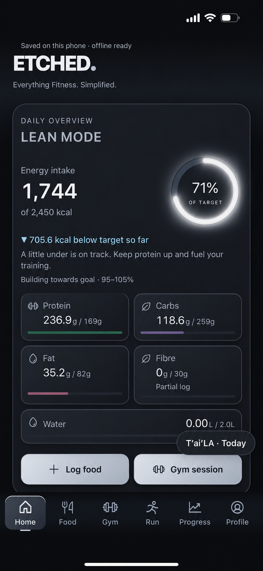 ETCHED daily overview, nutrition targets and food and gym shortcuts